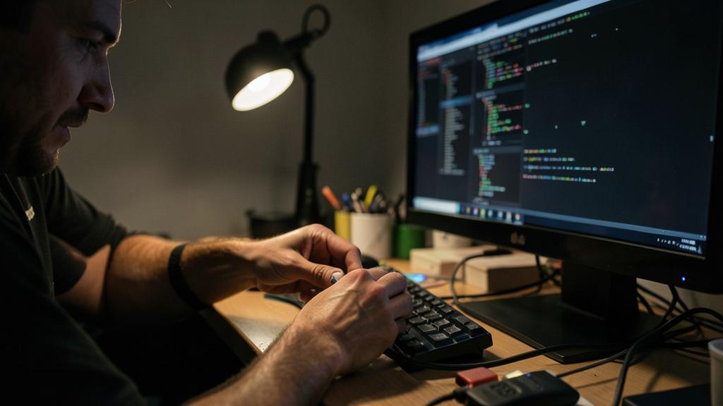 Ein Mann sitzt an einem Schreibtisch in einem schwach beleuchteten Raum und arbeitet an einem Computer, beleuchtet von einer Schreibtischlampe.