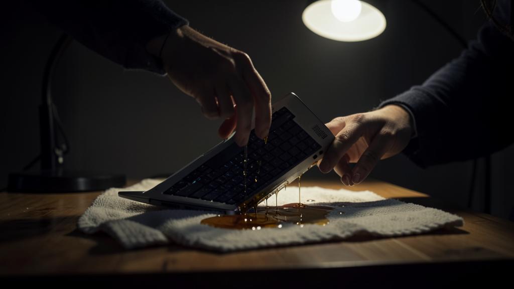 Une personne renverse un liquide sur un clavier d'ordinateur, qui coule sur une serviette.