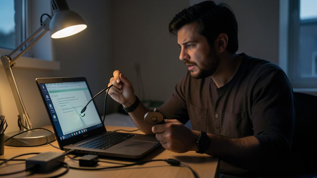 Ein Mann sitzt an einem Schreibtisch und schaut besorgt auf den Bildschirm, während er einen USB-Stick hält.