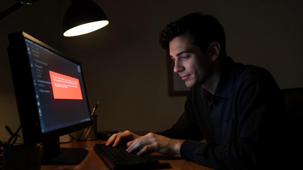 A man looks at a screen displaying a red error message, hands on the keyboard.