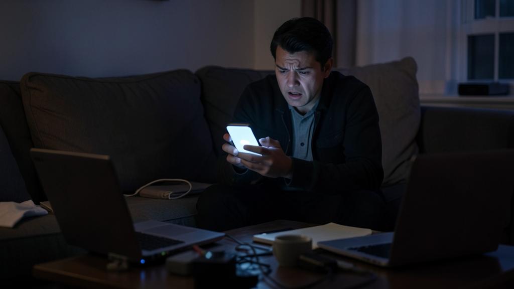 Un homme assis sur un canapé regarde son smartphone avec une expression inquiète, entouré d'ordinateurs et d'un bureau encombré.
