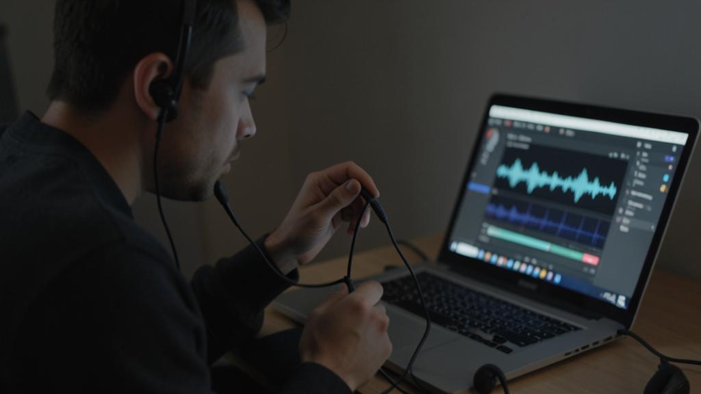Ein Mann justiert ein Headset-Mikrofon vor einem Laptop mit Audiobearbeitungssoftware.