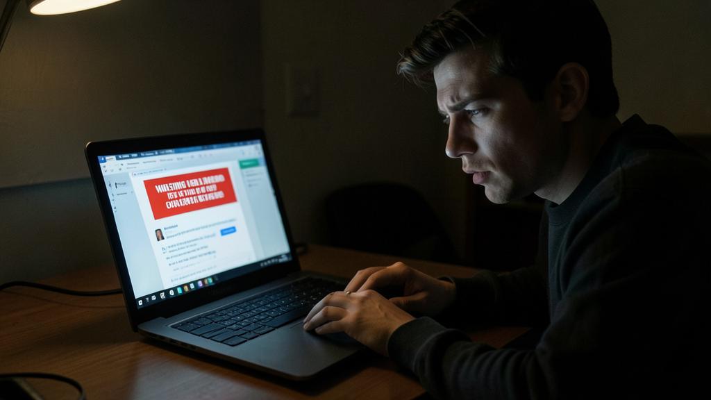 Ein Mann betrachtet einen Laptop-Bildschirm, der eine rote Warnung über eine vermisste Person anzeigt.