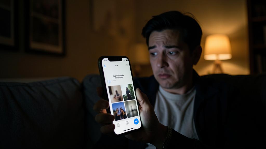 Un hombre preocupado sostiene un smartphone con una galería de fotos.