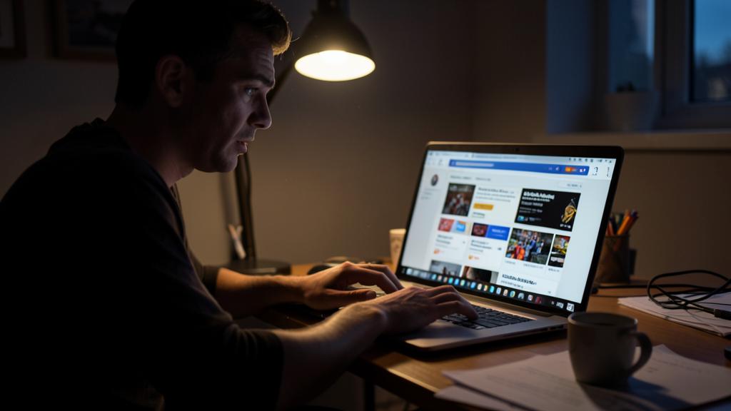 A man is sitting at a desk in a dimly lit room, using a laptop with a web browser open, illuminated by a desk lamp.
