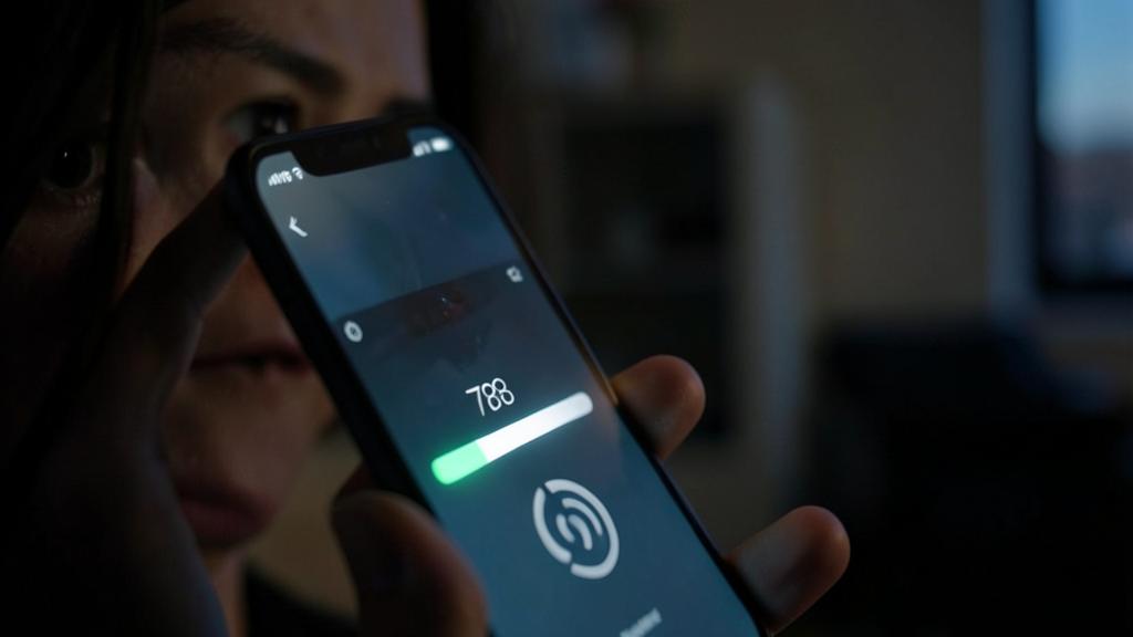 Une personne tient un smartphone affichant une mise à jour bloquée à 788.