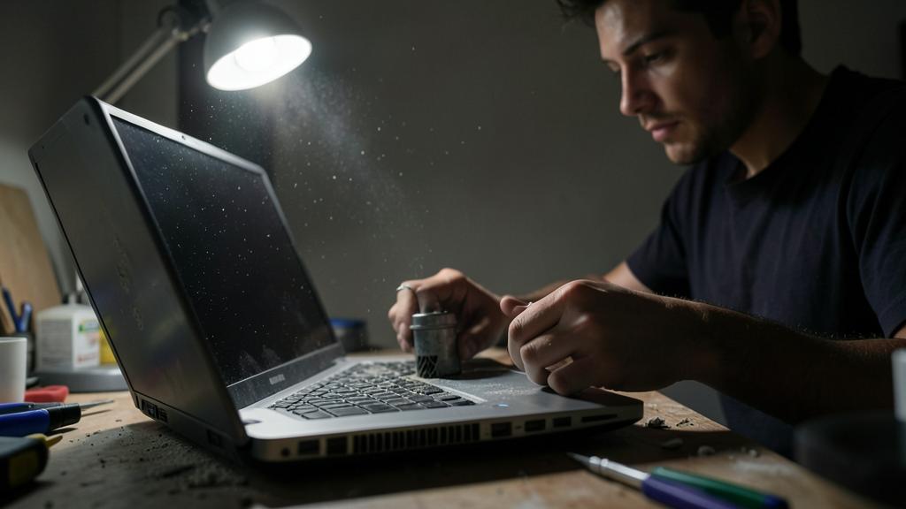 Ein Mann reinigt die Tastatur eines Laptops mit Druckluft in einem schwach beleuchteten Arbeitsbereich.
