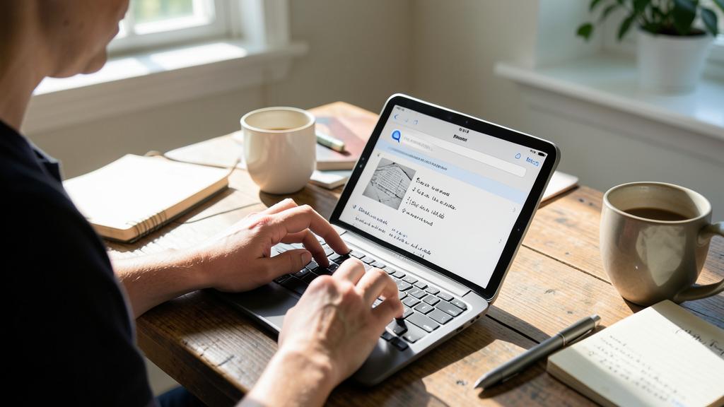 Une personne utilise une tablette avec clavier pour écrire dans l'application Notes affichant des notes manuscrites et un document scanné.