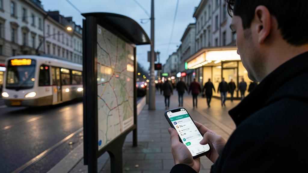 Un homme consulte une appli de transport à un arrêt de bus, un tram passe en arrière-plan.