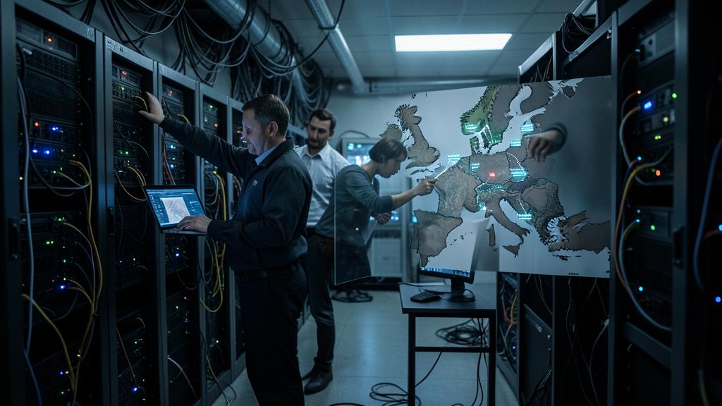 Three men in a server room interact with a holographic map of Europe.