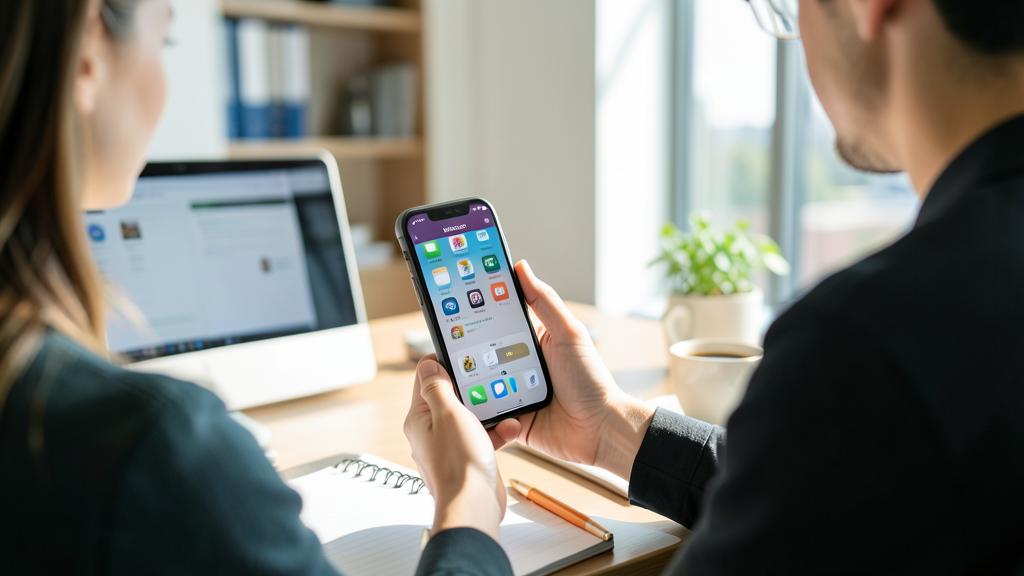 Un homme et une femme sont assis à un bureau avec un smartphone, un ordinateur portable et un carnet.
