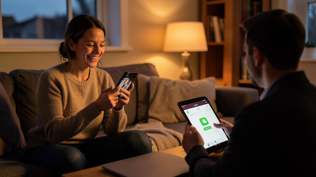 Una mujer y un hombre sentados en un sofá comparten archivos mediante AirDrop.