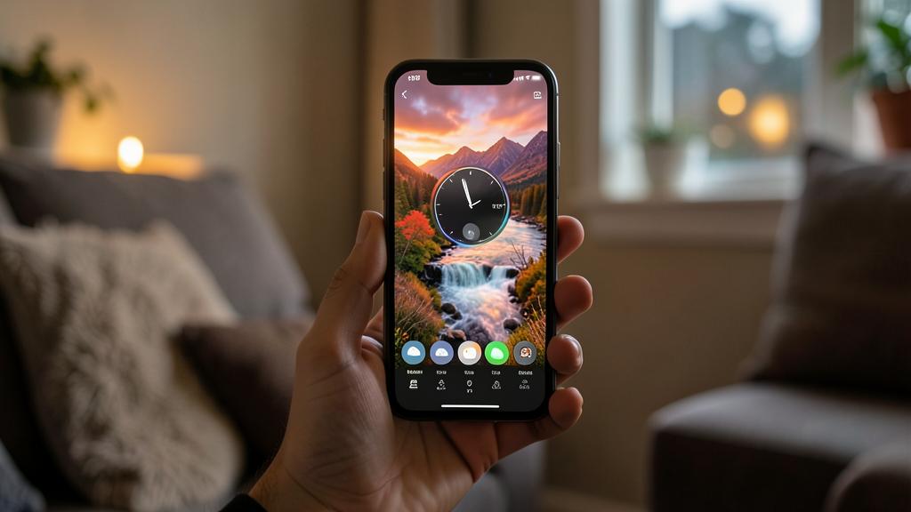 Une main tient un smartphone affichant un écran de verrouillage personnalisé avec un fond d'écran, une horloge et des icônes d'applications.
