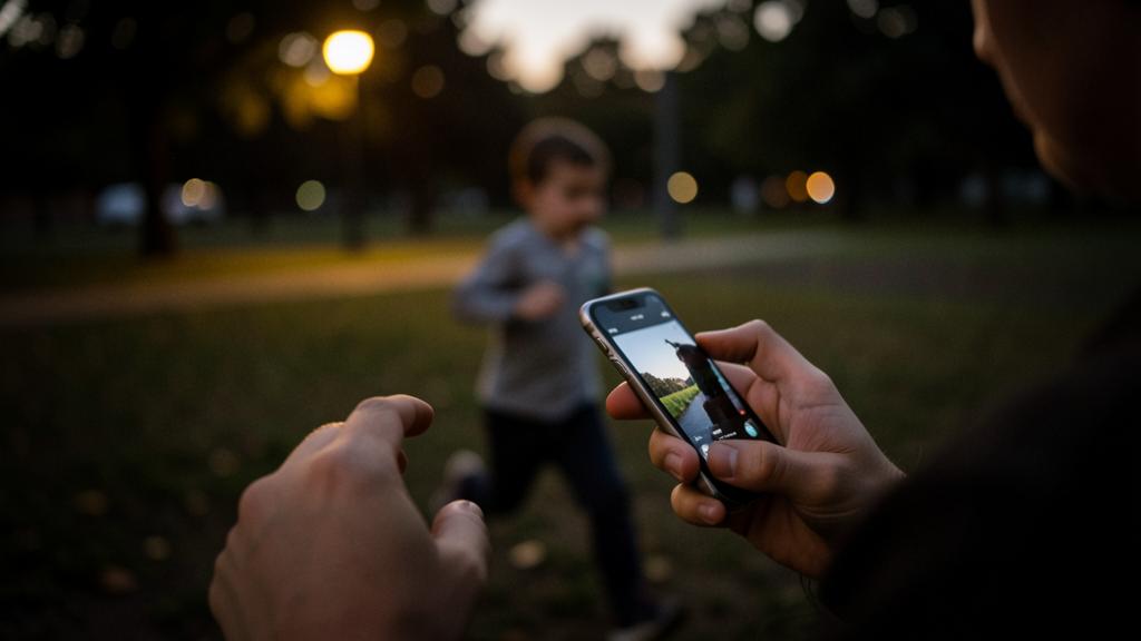 Une personne prend une photo d'un enfant courant dans un parc au crépuscule avec un iPhone.