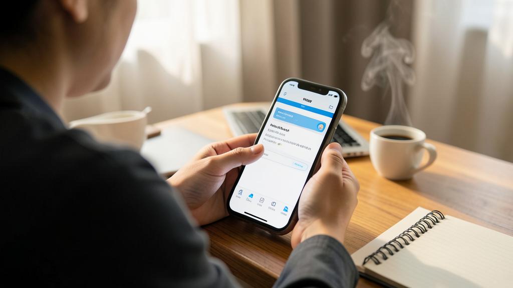 Une personne utilise un smartphone affichant une application de messagerie avec un message ouvert, assise à un bureau avec une tasse de café et un carnet.