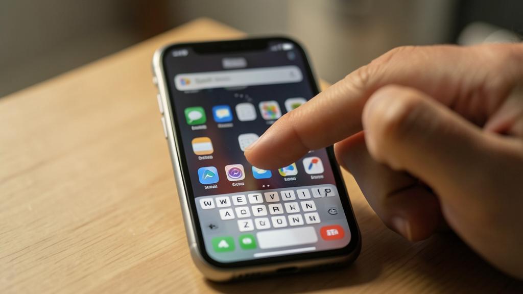 Eine Hand nutzt ein Smartphone mit der Spotlight-Suchfunktion aktiviert.