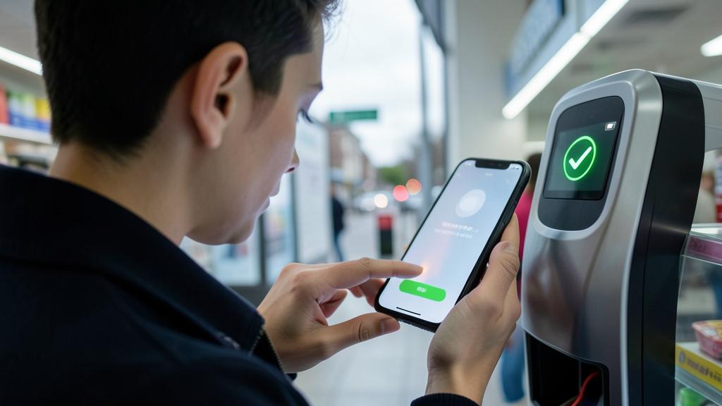 Une personne utilise un smartphone pour payer à un terminal, affichant une coche verte.