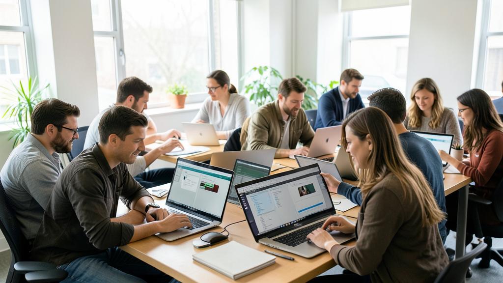 A diverse group collaborates on laptops displaying code and software interfaces.