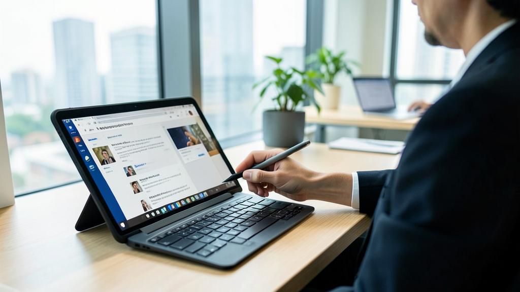 Un homme en costume utilise un stylet sur un iPad avec un clavier attaché, affichant un fil d'actualité.