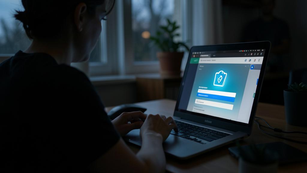 Une personne utilise un ordinateur portable dans une pièce faiblement éclairée, avec un écran affichant une page de connexion d'un gestionnaire de mots de passe.
