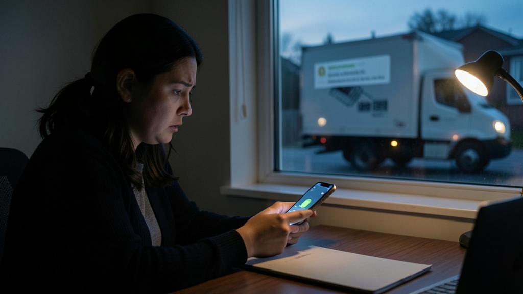 Une femme regarde son smartphone avec inquiétude, un camion de livraison visible à travers la fenêtre.