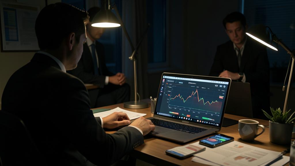 Un homme en costume examine des graphiques financiers à son ordinateur, deux autres hommes discutent en arrière-plan.