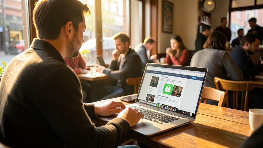 Un homme utilise un ordinateur portable dans un café, affichant un site sur la sécurité du WiFi public.