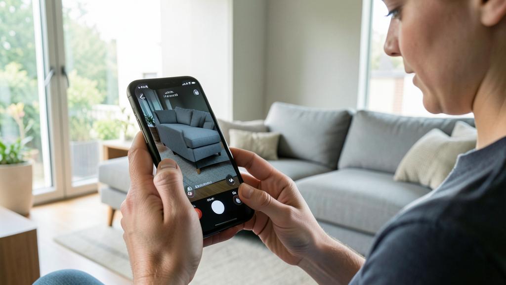 Eine Person betrachtet ein virtuelles graues Sofa in ihrem Wohnzimmer über eine Augmented-Reality-App.