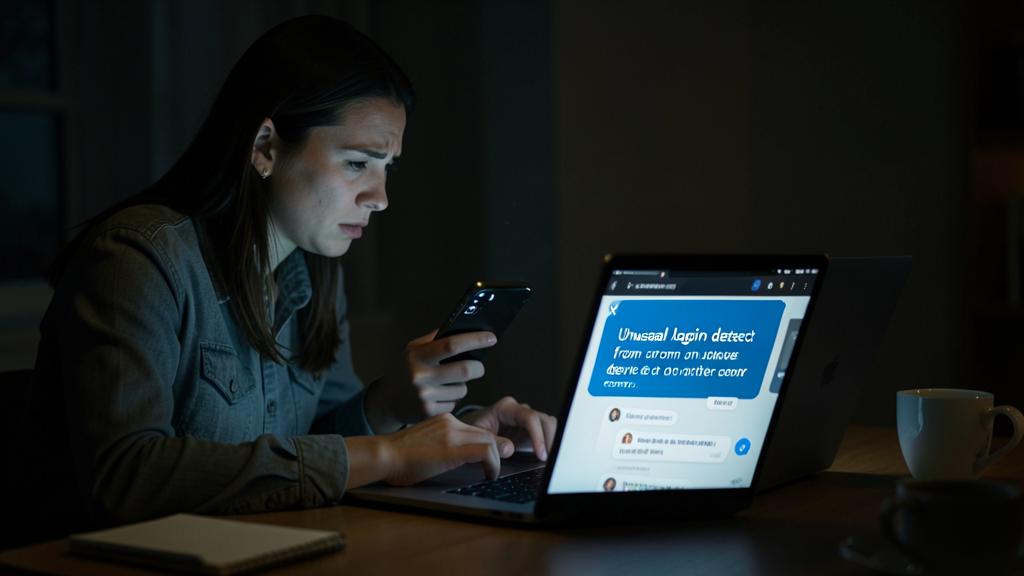 Una mujer preocupada revisa su teléfono y una computadora con una alerta de inicio de sesión inusual.