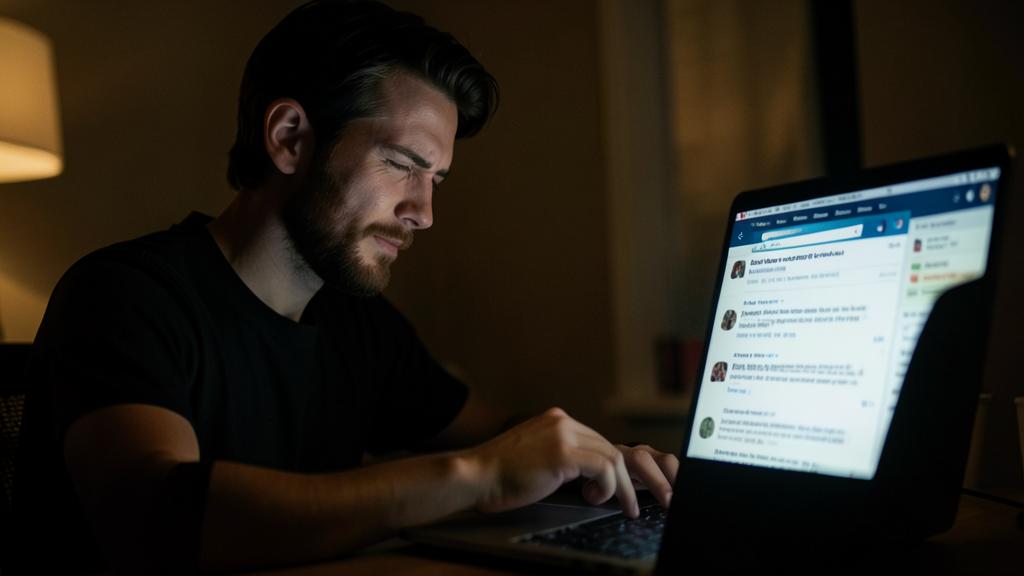 A bearded man looks at a laptop screen displaying user comments on a social media or review website.