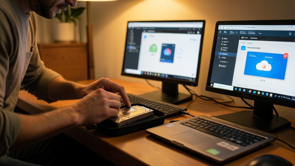 Une personne travaille à un bureau avec deux écrans et un ordinateur portable, manipulant un <a href=