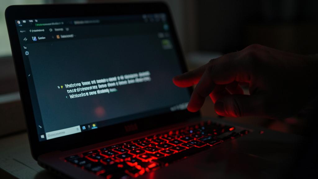 Une main interagit avec un ordinateur portable dans une pièce sombre, l'écran affichant une interface de chat.