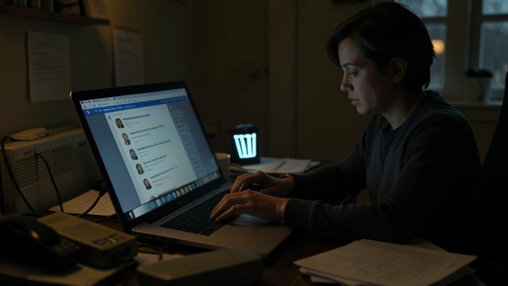 Une personne tape sur un ordinateur portable affichant une interface de réseau social ou de messagerie.