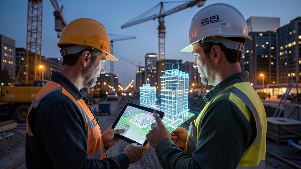 Two construction workers in hard hats and safety vests view a holographic 3D model on a tablet.
