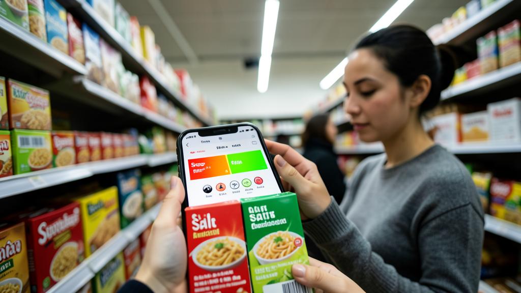 Une femme scanne une boîte de nouilles instantanées avec une application mobile affichant une analyse nutritionnelle.