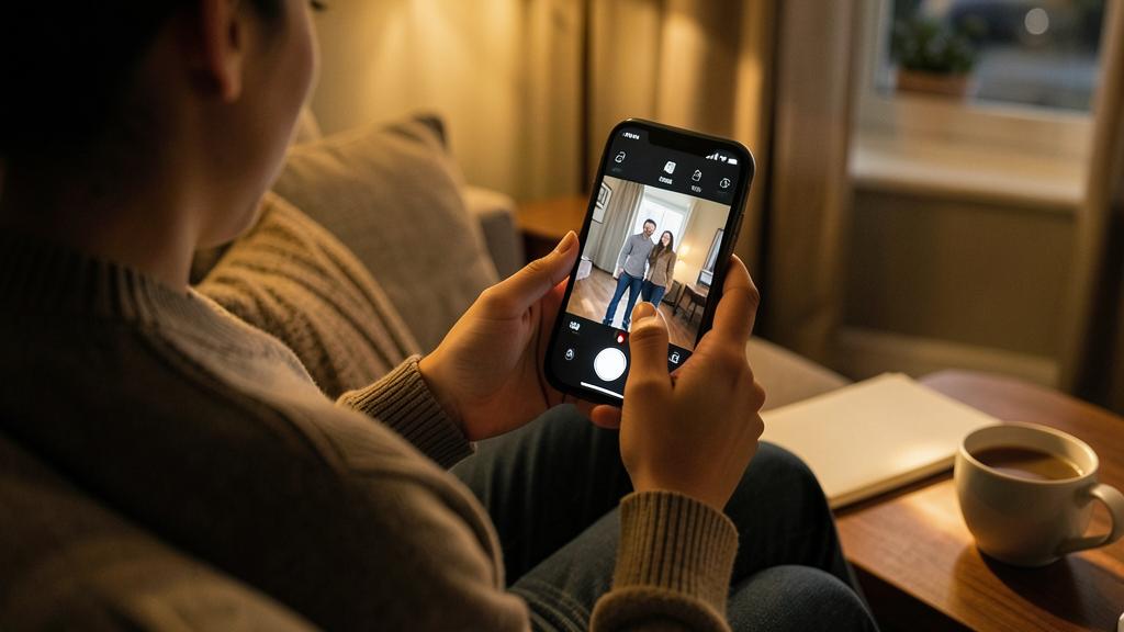 Une personne utilise un smartphone pour prendre une photo d'un couple dans une pièce.