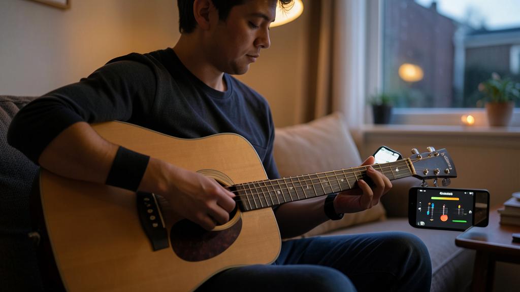 Ein junger Mann spielt Akustikgitarre und nutzt eine App auf seinem Smartphone.