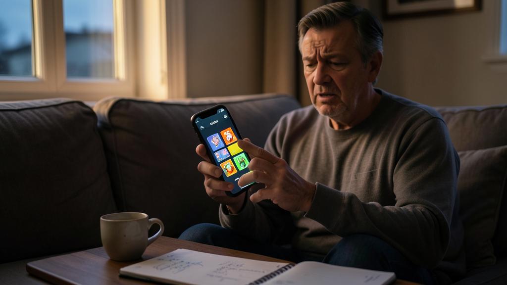 Un homme âgé utilise un smartphone avec une application de jeu de mémoire.