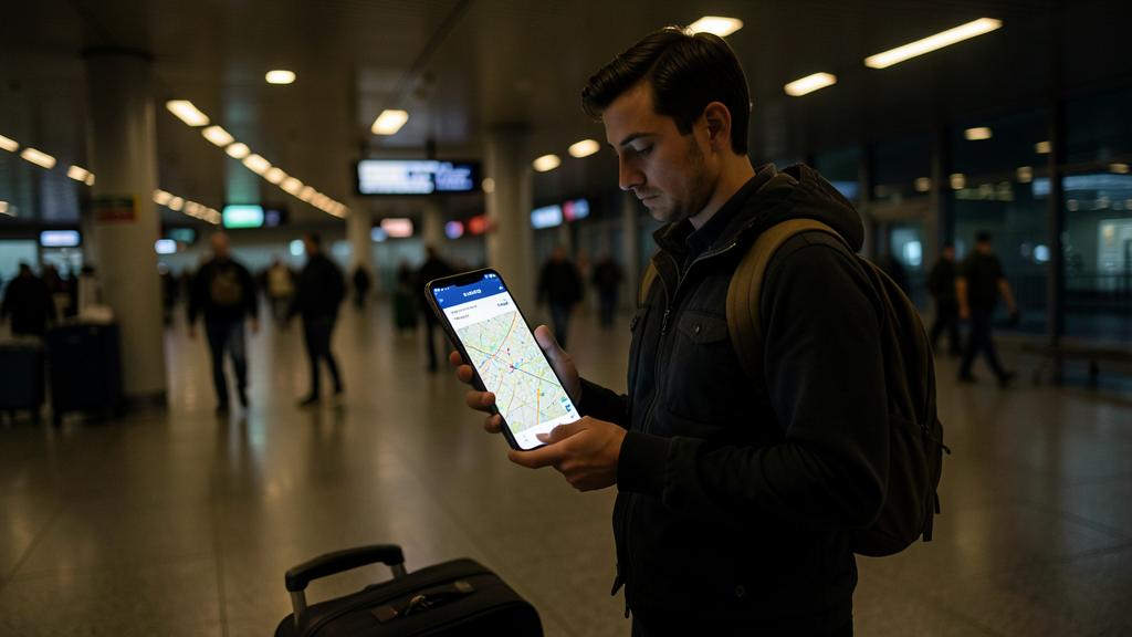 A man checks a map app on his smartphone in a busy airport terminal.