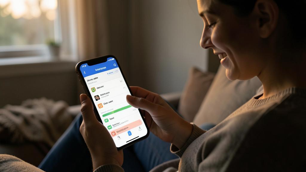 Eine Frau lächelt, während sie eine Gewohnheitstracking-App auf ihrem Smartphone nutzt.