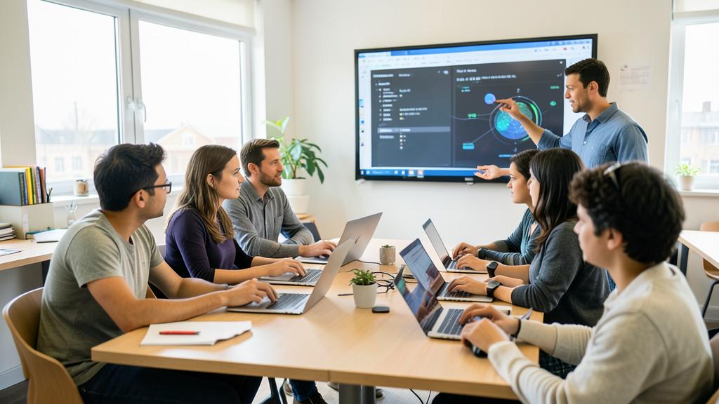 A man presents to a group seated around a table with laptops, a screen displaying a neural network diagram.