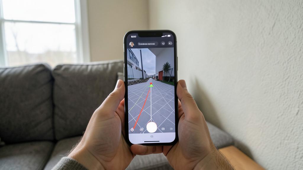 A person uses a smartphone with an AR grid to measure a space.