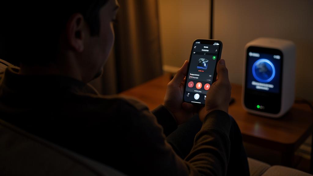 Une personne utilise un smartphone pour contrôler une enceinte connectée affichant une application de musique ou de radio.