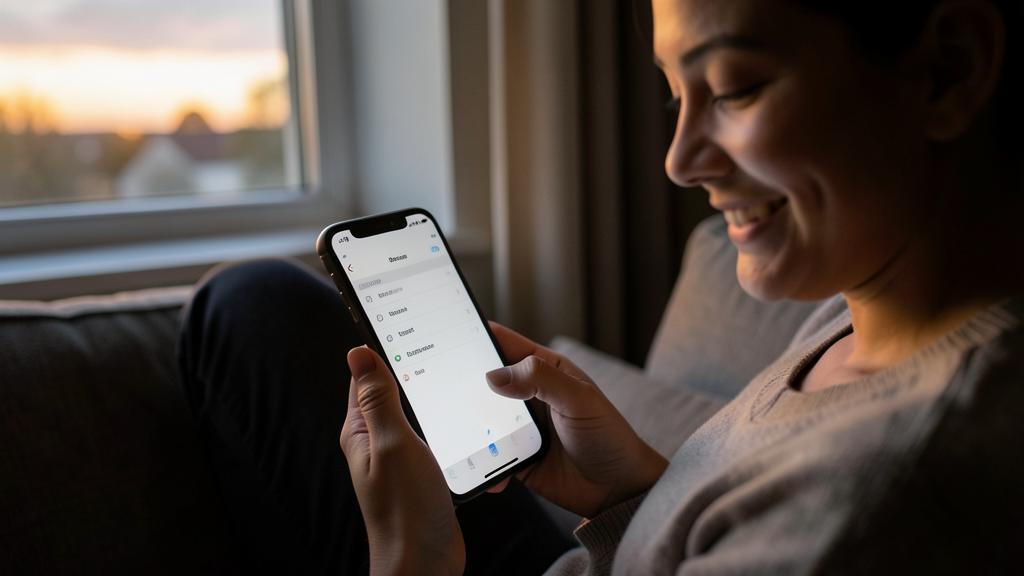 Eine Frau lächelt, während sie eine Aufgabenmanagement-App auf ihrem Smartphone nutzt.