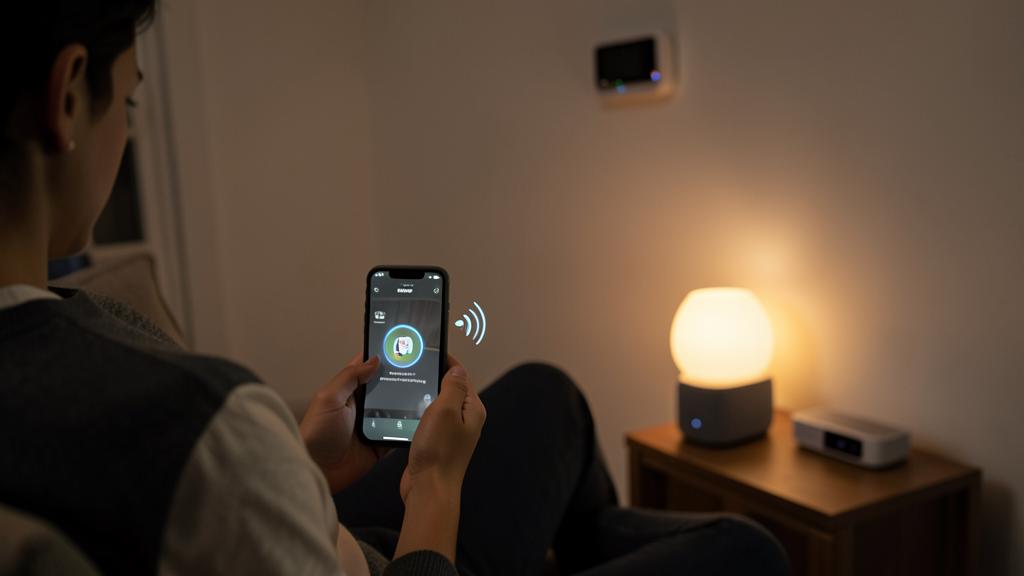 Una persona controla una lámpara inteligente con su smartphone en una habitación tenuemente iluminada.