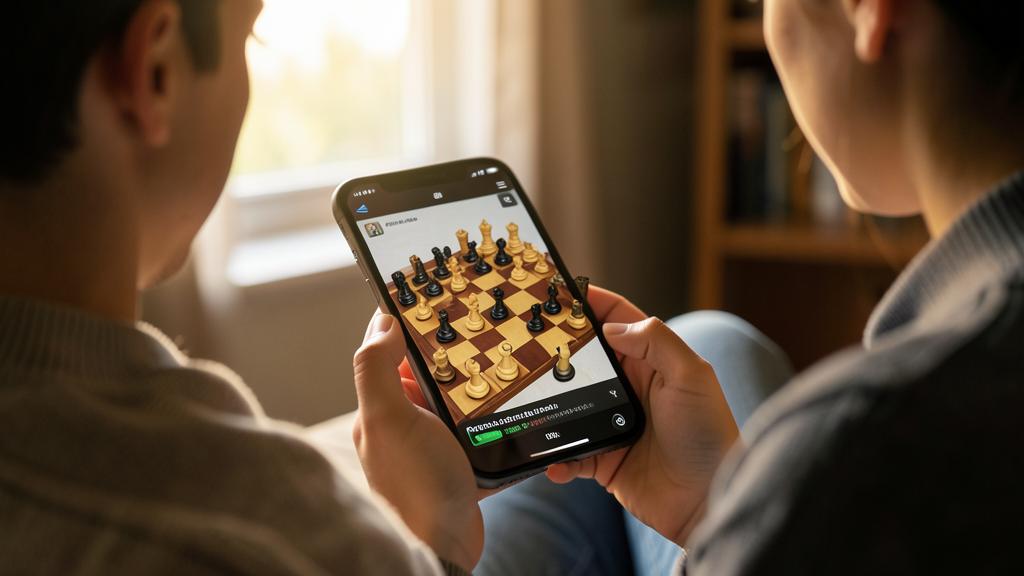 One person looks over the shoulder of another using a chess app on a smartphone.