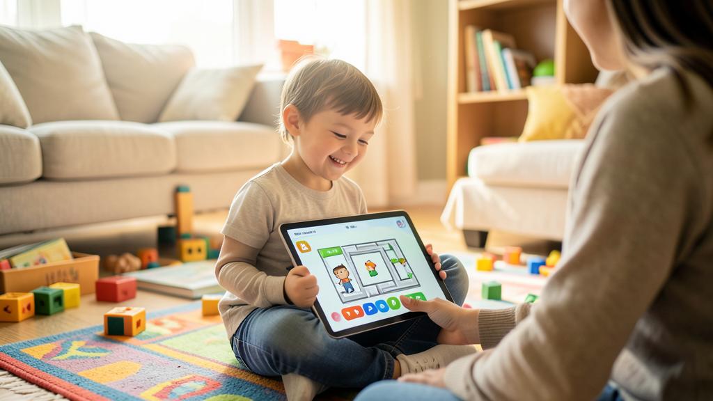 Un niño y un adulto usan juntos una tablet con una aplicación de programación para niños.