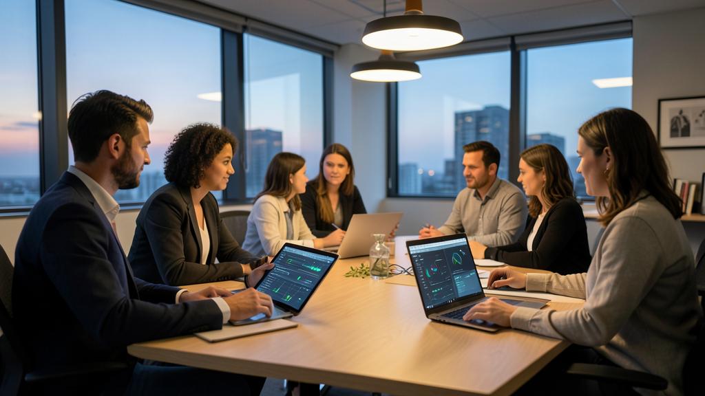 Eine diverse Gruppe von Fachleuten arbeitet gemeinsam an einem Konferenztisch mit Laptops und Datenvisualisierungssoftware.