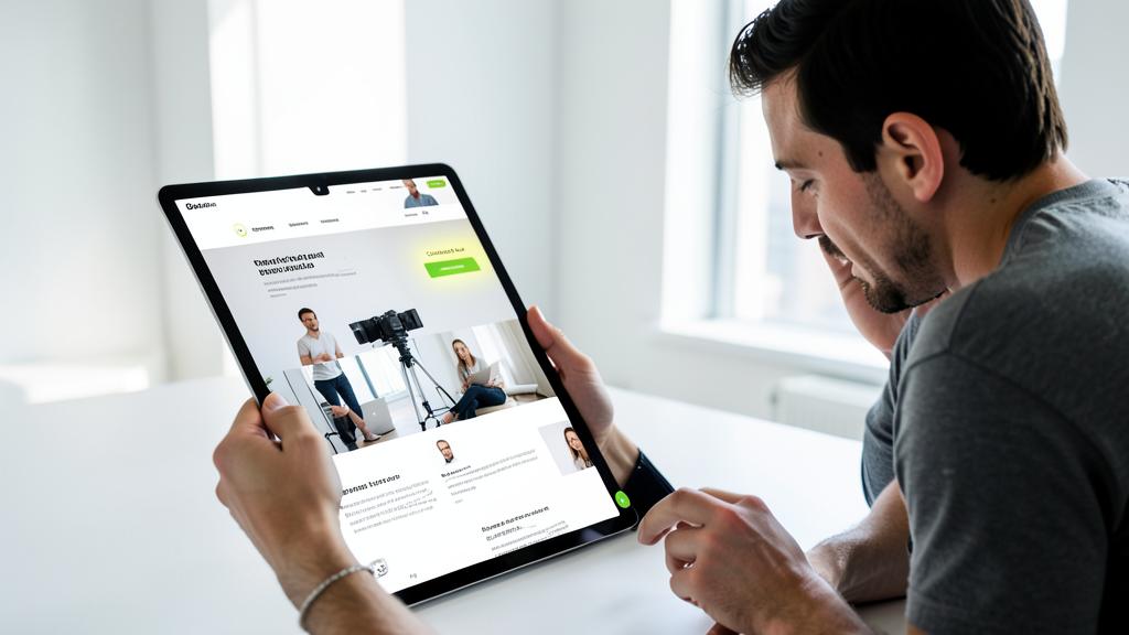 Un homme consulte un portfolio en ligne sur une tablette, avec des images de professionnels et un bouton vert.