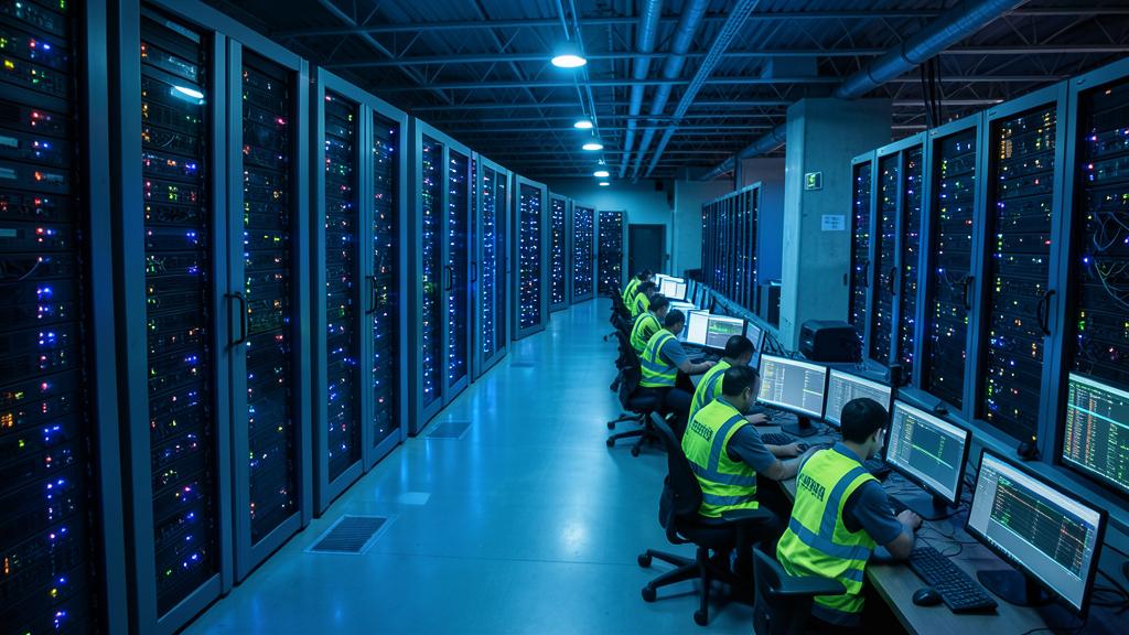 Eine Reihe von Technikern in Warnwesten arbeitet an Computerstationen in einem Rechenzentrum mit blau beleuchteten Servern.